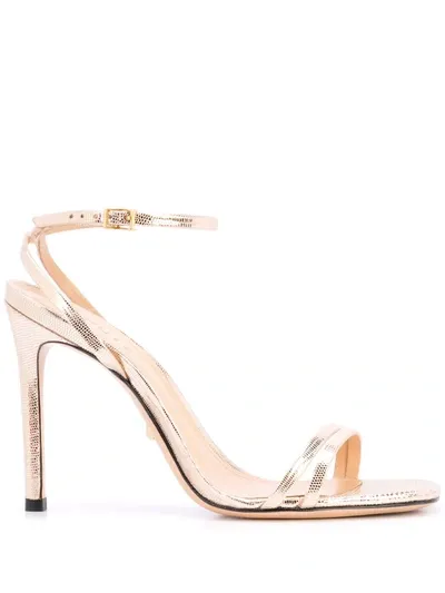 Schutz Altina Metallic Lizard-embossed Leather Sandals In Gold