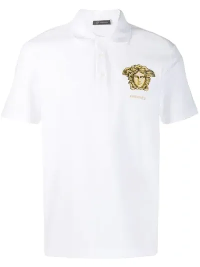 Versace Embroidered Medusa Polo Shirt In White