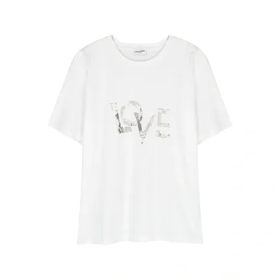 Saint Laurent Distressed Love-print T-shirt In White