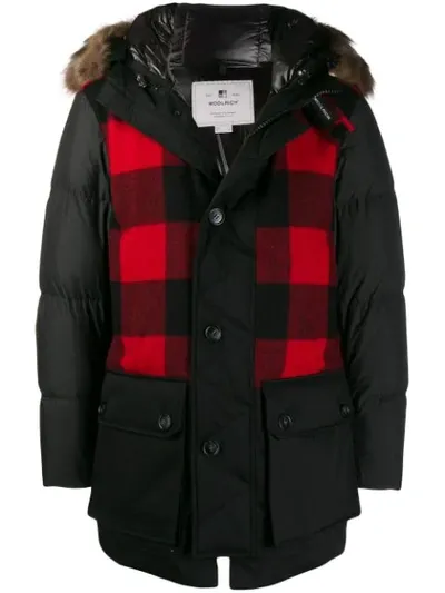 Woolrich Buffalo Check Parka Coat In Black