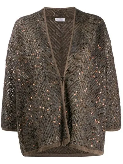 Brunello Cucinelli Dazzling Chevron Cardigan Jacket In Brown