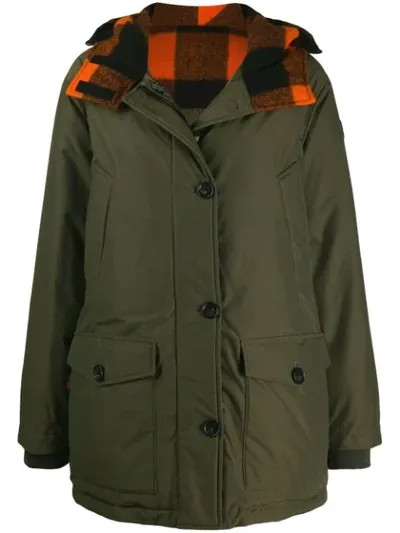 Woolrich Check Hooded Short Parka In Green