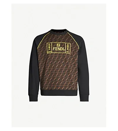 Fendi Felpa Girocollo Ff Allover Con Maniche Plain E Logo A Contrasto Ricamato Giallo In Brown