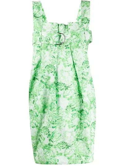 Ganni Floral-print Cotton-poplin Mini Dress In Green