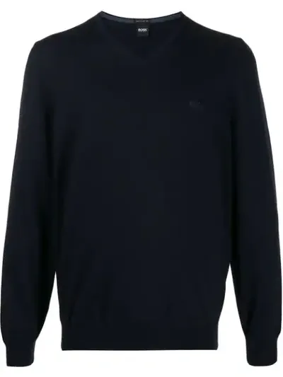 Hugo Boss V-neck Long Sleeve Jumper In Blue