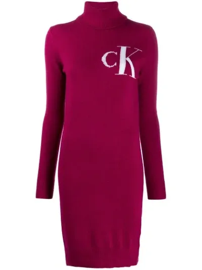 Calvin Klein Logo Ribbed Roll Neck Dress In Pink