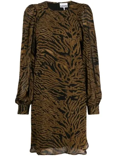 Ganni Tiger Print Shift Dress In Brown