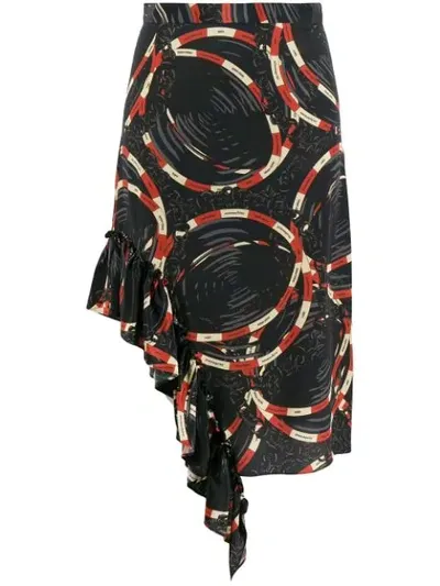 Rokh Asymmetric Graphic Print Skirt In Black