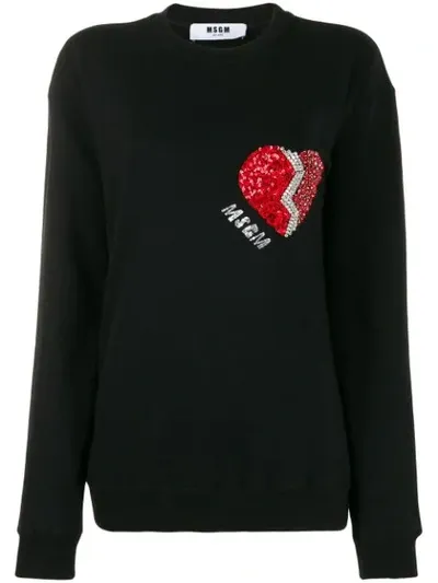 Msgm Long Sleeved Embellished-heart Sweater In Black