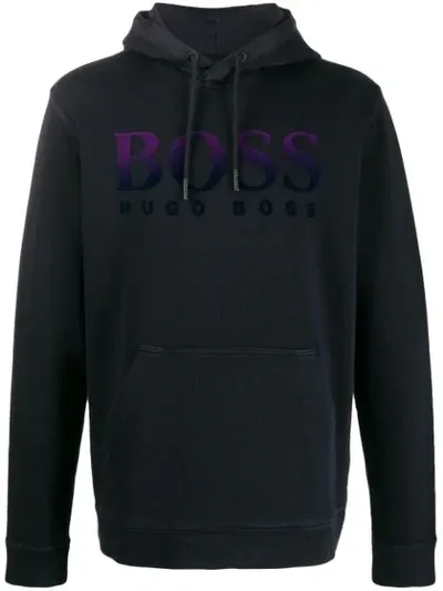 Hugo Boss Drawstring Logo Hoodie In Blue