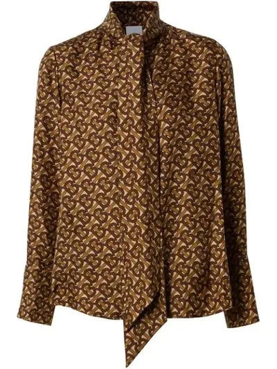 Burberry Monogram Pussy-bow Shirt In Brown