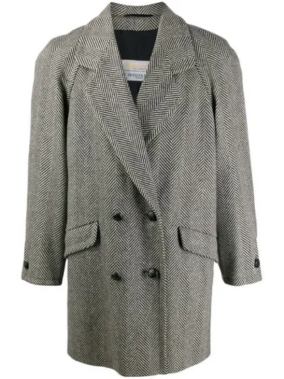 Pre-owned Aquascutum Vintage 1980s Herringbone Coat In Black