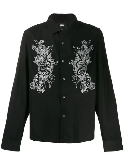 Stussy Long-sleeved Embroidered Dragon Shirt In Black