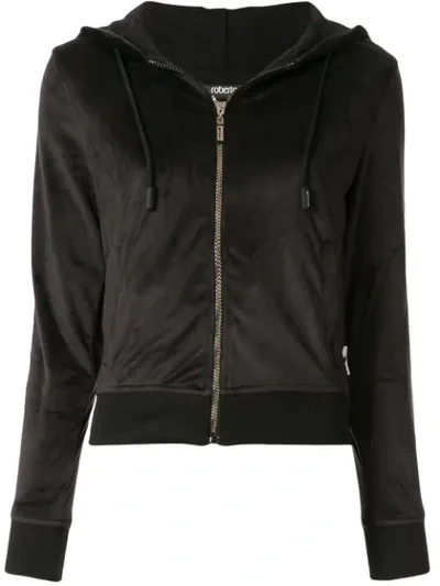 Roberto Cavalli Logo Tape Zip-front Hoodie In Black