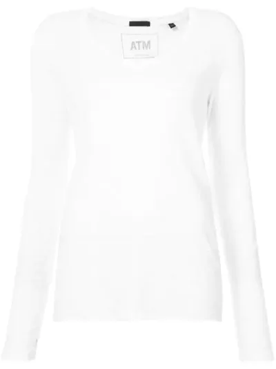 Atm Anthony Thomas Melillo Distressed Slub-knit Long Sleeve Tee In White