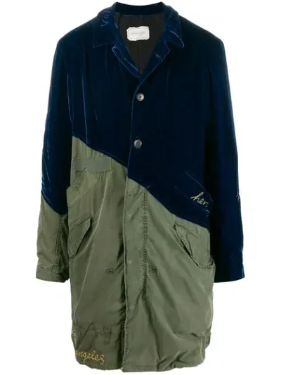 Greg Lauren Velvet Contrast Military Coat In Blue