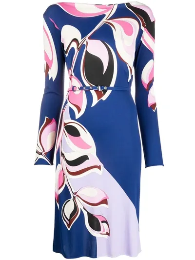 Emilio Pucci Printed Long-sleeve Boat-neck Knee-length Belted Dress In Navy