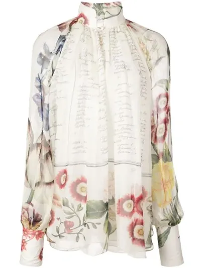 Oscar De La Renta Floral Calligraphy Print Blouse In White