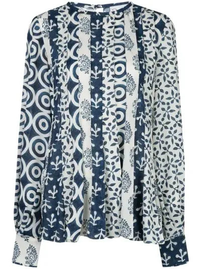 Oscar De La Renta Woodblock Print Blouse In Blue