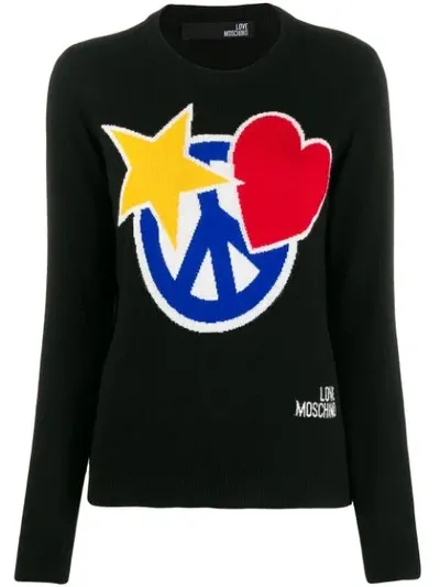 Love Moschino Intarsia Knit Crew Neck Sweater In Black