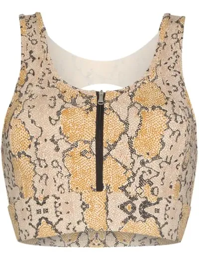 Varley Zip-up Snake-print Sports Bra In Brown