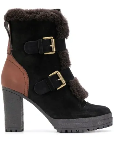 See By Chloé Block Heel Buckle Detail Boots In Brown