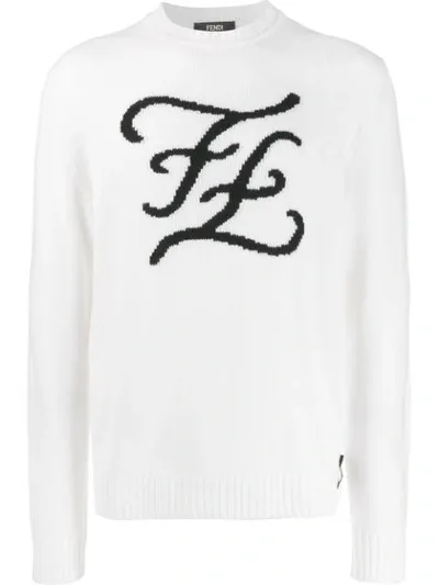 Fendi Karligraphy Knitted Crew Neck Sweater In White