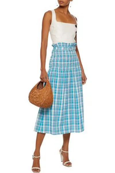 Nicholas Belted Shirred Checked Crinkled-cotton Midi Skirt In Turquoise