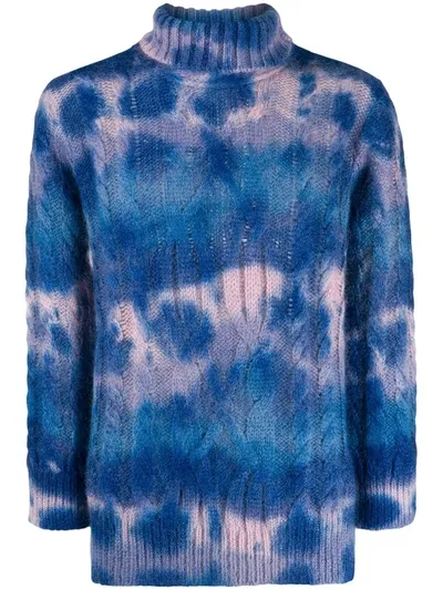 Moncler Mottled-effect Cable Knit Turtleneck In Blue