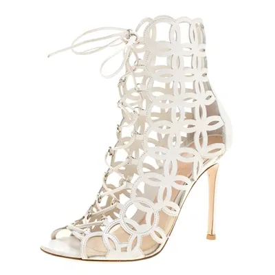 Pre-owned Gianvito Rossi White Cutout Leather Lace Up Peep Toe Sandals Size 37