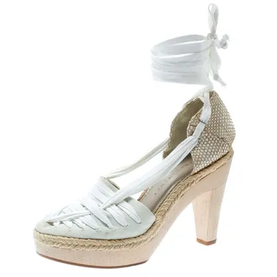 Pre-owned Stella Mccartney White Canvas Espadrille Trim Tie Up Block Heel Sandals Size 38