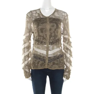 Pre-owned Dior Boutique Lace Olive Green Perforated Knit Lace Insert Buttoned Cardigan L