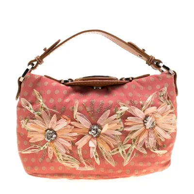 Pre-owned Valentino Garavani Coral/brown Polka Dots Canvas And Leather Flower Embellished Tote In Pink