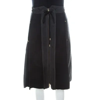 Pre-owned Derek Lam Grey & Black Silk Blend & Wool Front Zip Paneled Skirt L