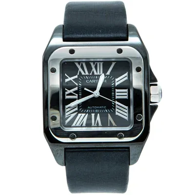 Pre-owned Cartier Black Ceramic Santos 100 Calfskin Leather 2878 Men's Wristwatch 33 Mm