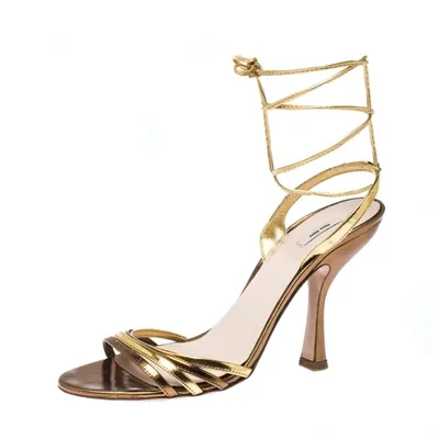 Pre-owned Miu Miu Metallic Gold Leather Ankle Wrap Sandals Size 38