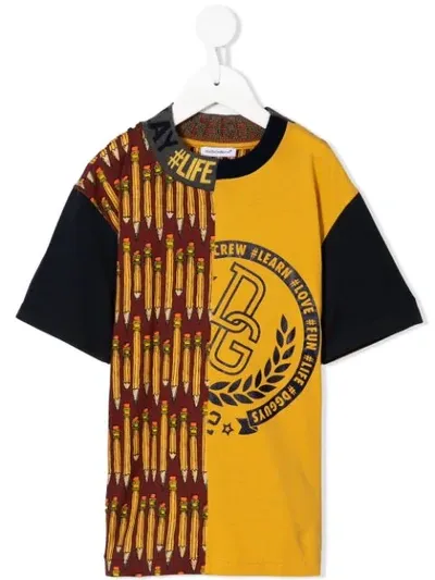 Dolce & Gabbana Kids' Logo And Pencil Print T-shirt In Yellow