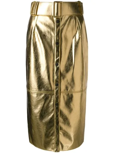 Msgm Faux-leather Button-front Midi Skirt In Gold