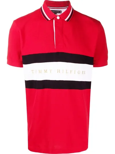 Tommy Hilfiger Striped Logo-embroidered Regular-fit Cotton-jersey Polo Shirt In Red