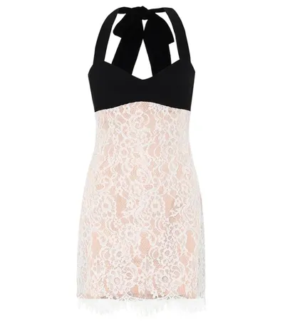 Rasario Crepe-paneled Corded Lace Halterneck Mini Dress In Neutrals