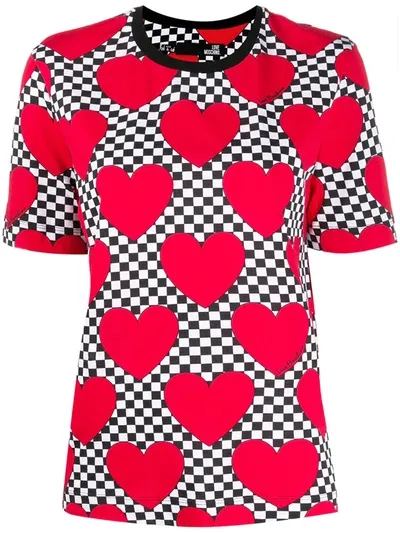 Love Moschino Check Heart Print T-shirt In Red