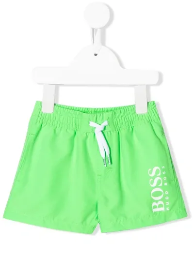 Hugo Boss Kids' Logo-print Swim Trunks In Light Green