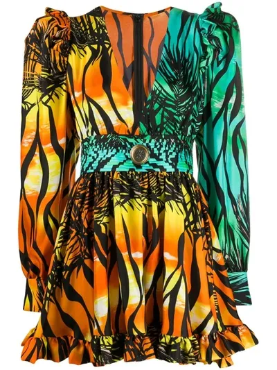 Fausto Puglisi Tropical-print Gigot-sleeved Mini Dress In Orange