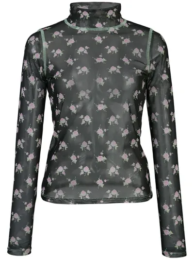 Sandy Liang Promise Floral Print Sheer Turtleneck In Black