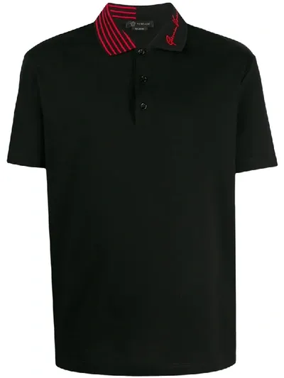 Versace Logo-embroidered Cotton-piqué Polo Shirt In Black