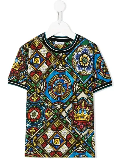 Dolce & Gabbana Kids' Stained Glass Print T-shirt In Blue