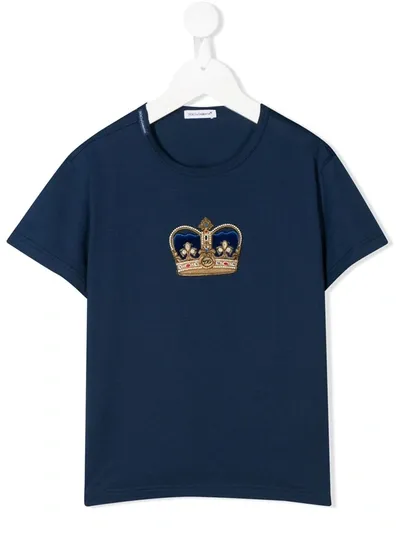 Dolce & Gabbana Kids' Crown Patch Crew Neck T-shirt In Petrolio