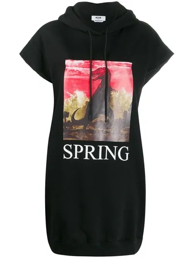 Msgm Oversized "spring" Short-sleeved Hoodie In Black