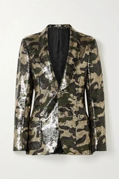 R13 Sequined Camouflage Blazer In Army Green