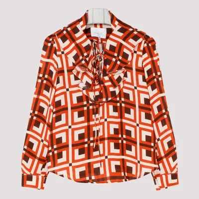 Johanna Ortiz Ruffled Neck Geometric Print Blouse In Red